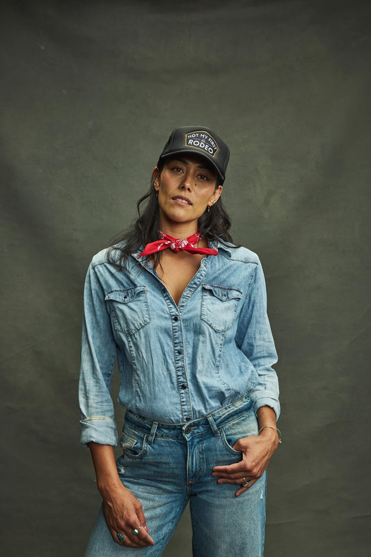 Classic red Western bandana tied around neck