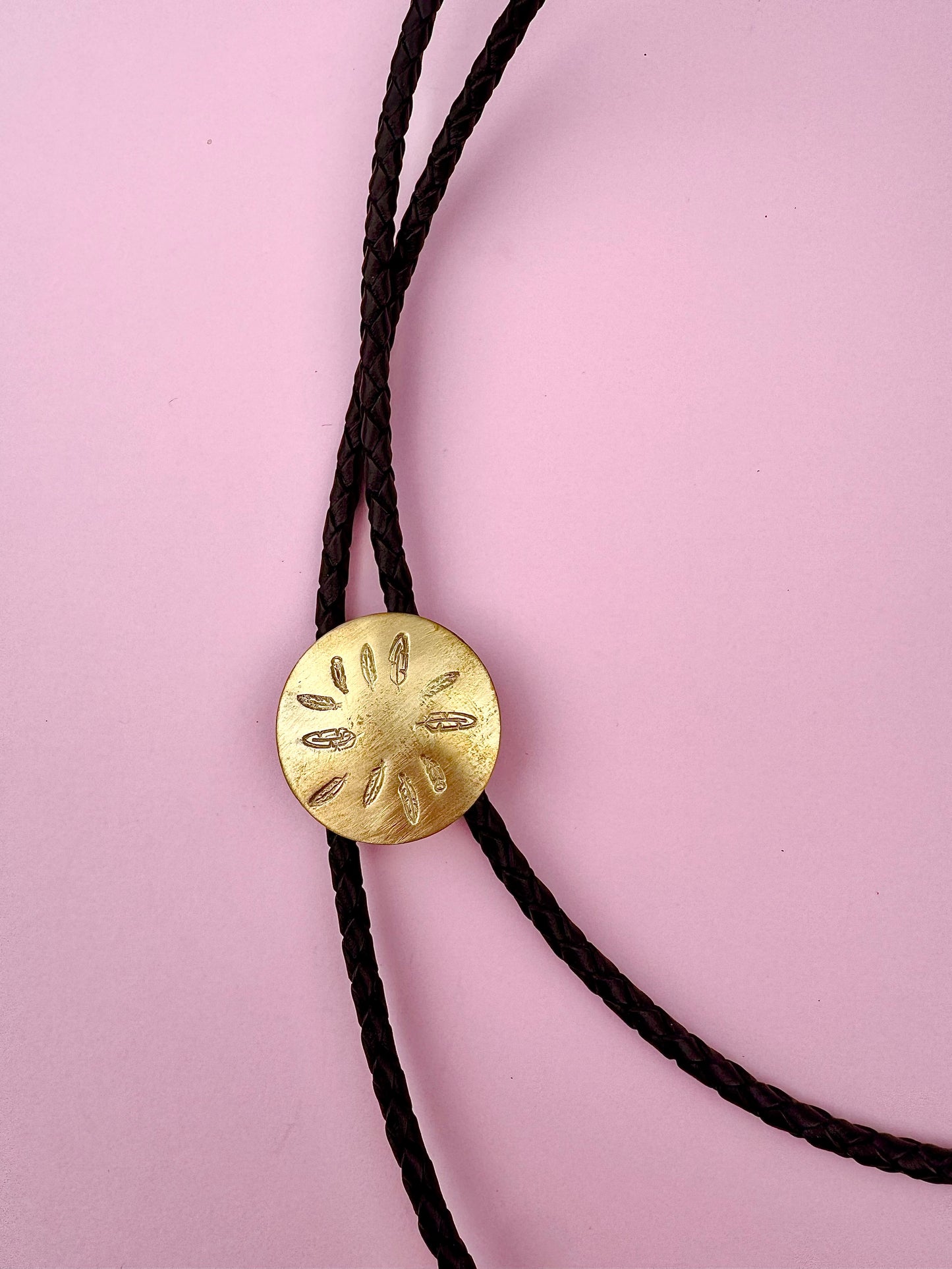 Brass Bolo Tie - Black Leather Cord – Feather Design