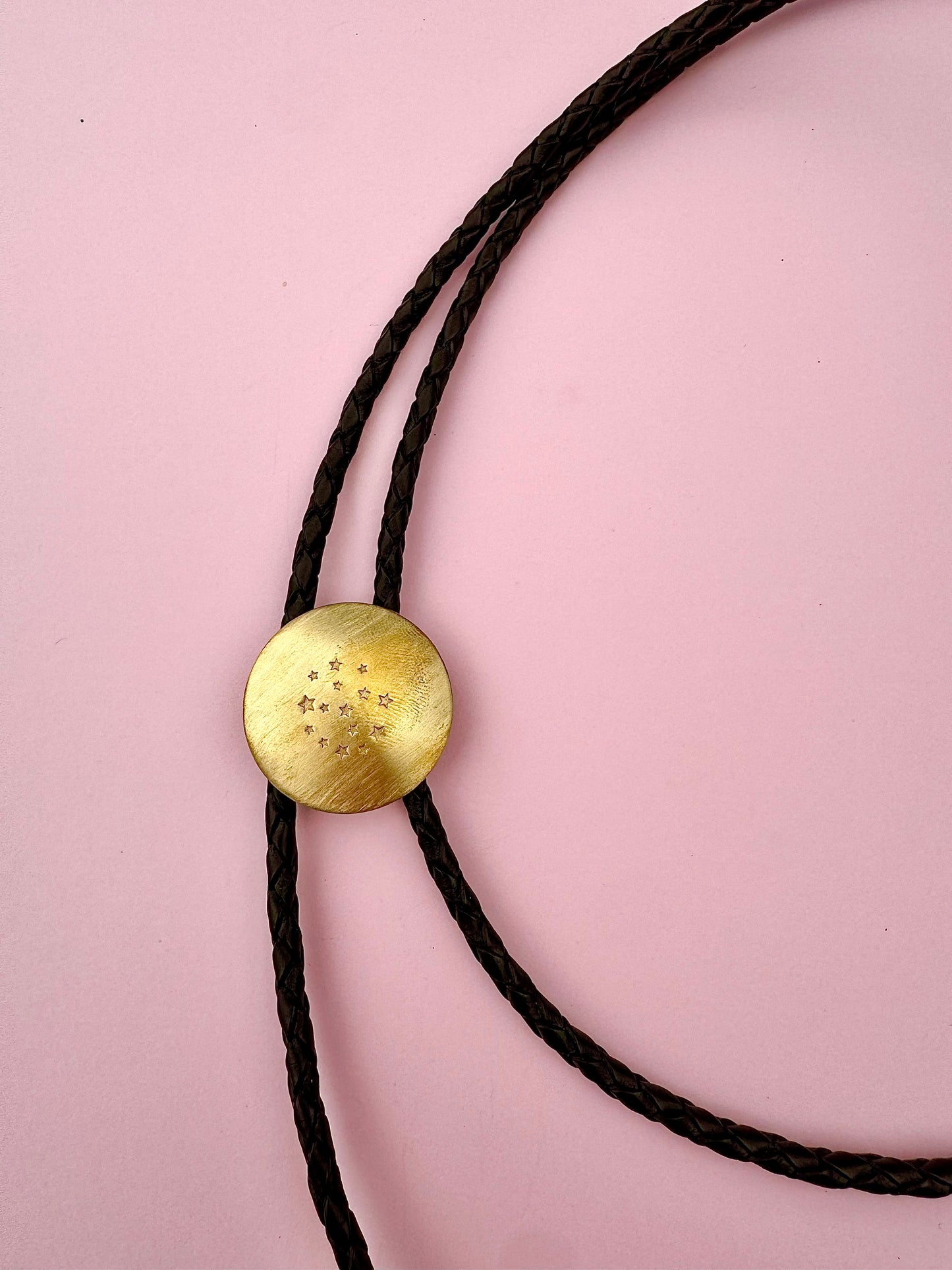 Brass Stamped Star Bolo Tie - Black leather cord