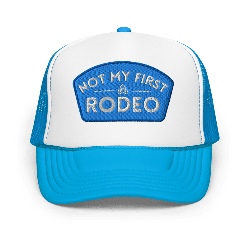 NOT MY FIRST RODEO blue and white  trucker cap