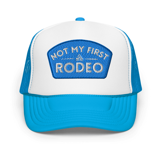 NOT MY FIRST RODEO blue and white  trucker cap