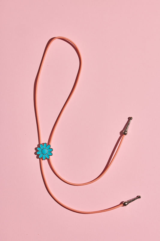 Bolo Tie with Bright Cord - Blue Flower
