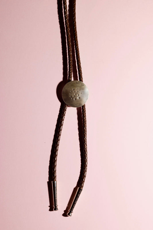 Sterling Silver Stamped Star Bolo Tie - Brown leather cord