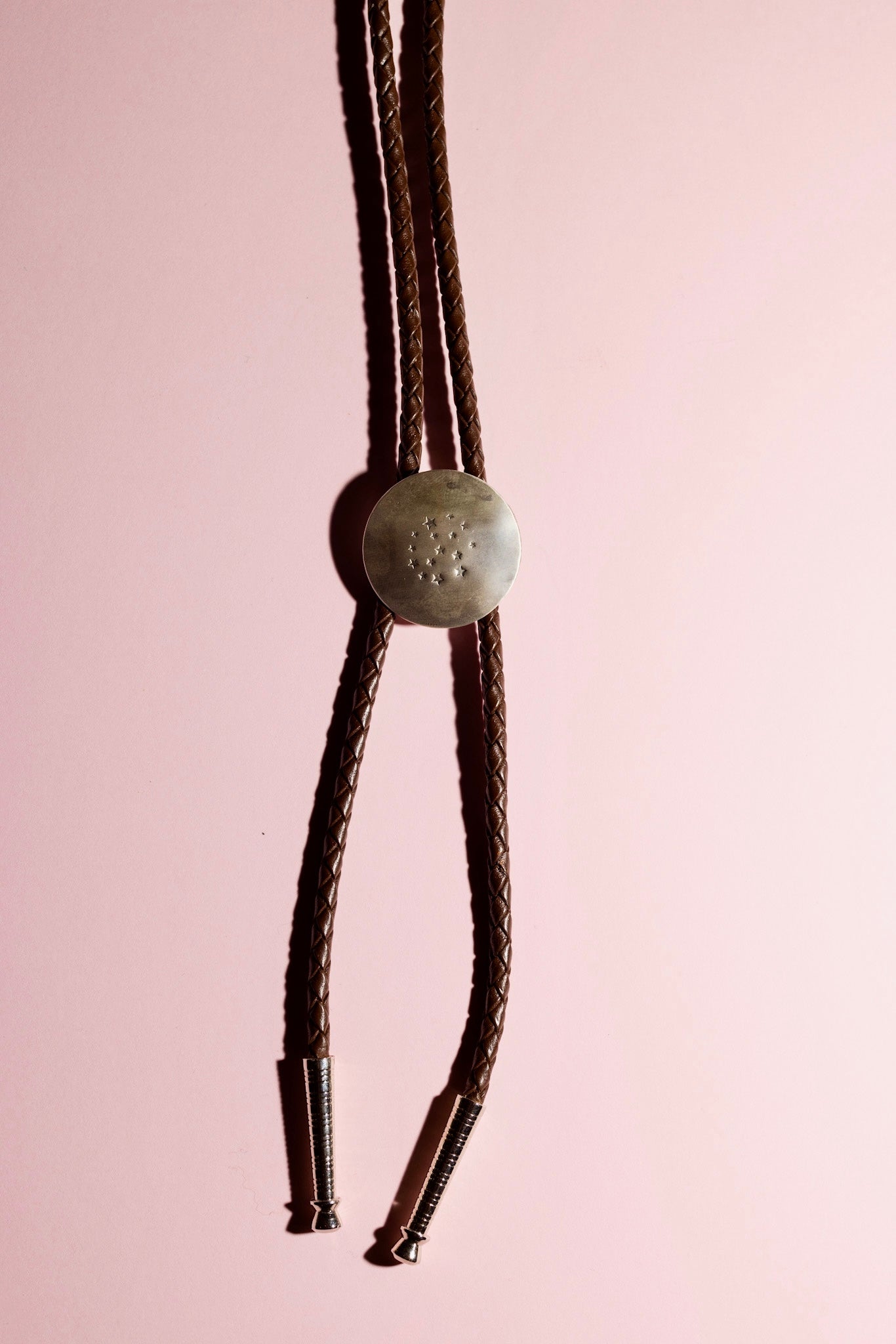 Sterling Silver Stamped Star Bolo Tie - Brown leather cord