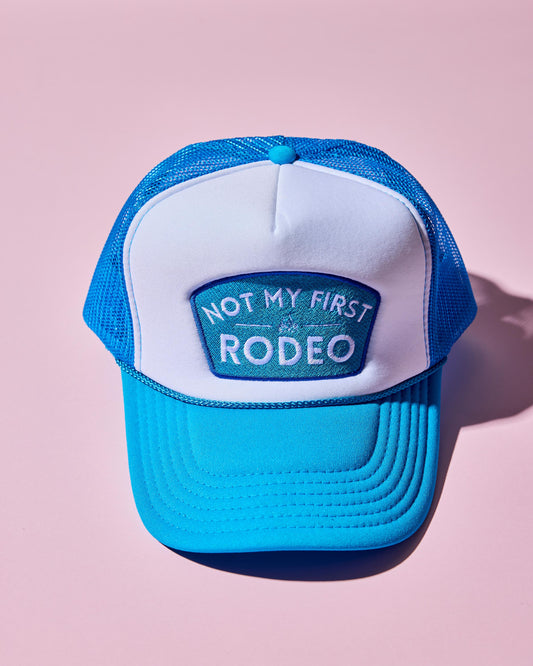 NOT MY FIRST RODEO blue and white  trucker cap