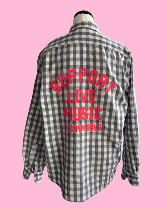 Black & White Plaid Flannel Shirt | Support Live Music & Cowgirls | Women’s M