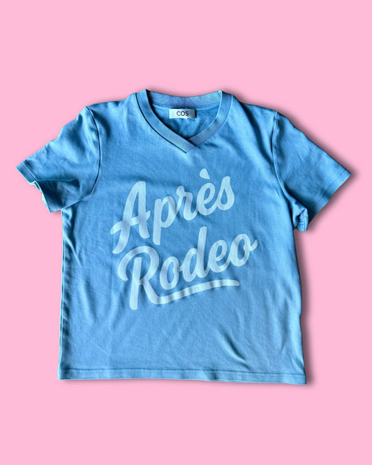 Upcycled "Après Rodeo" Graphic Tee — Blue baby tee