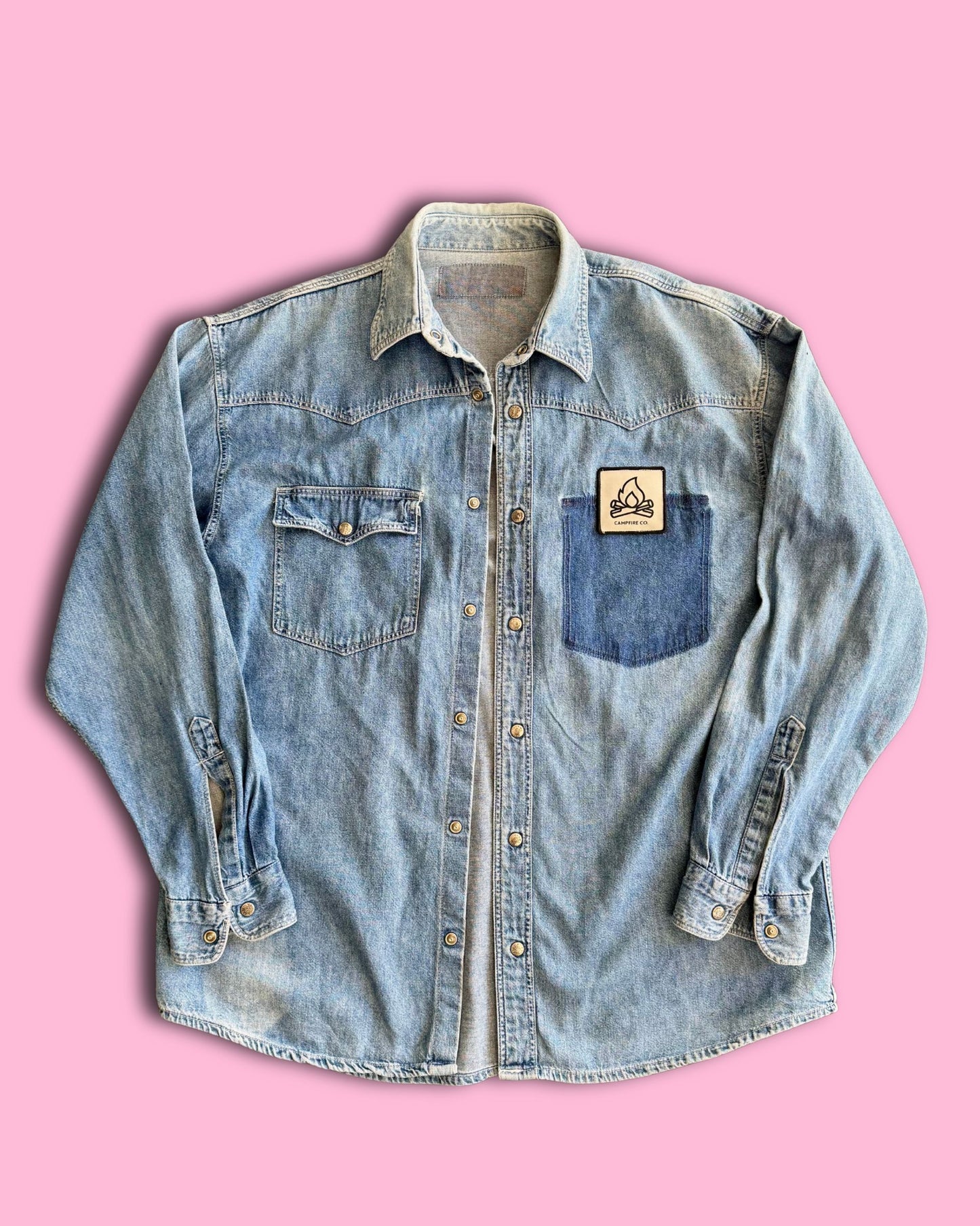 Upcycled "Après Rodeo" Pearl Snap Denim Shirt - Men’s M/L