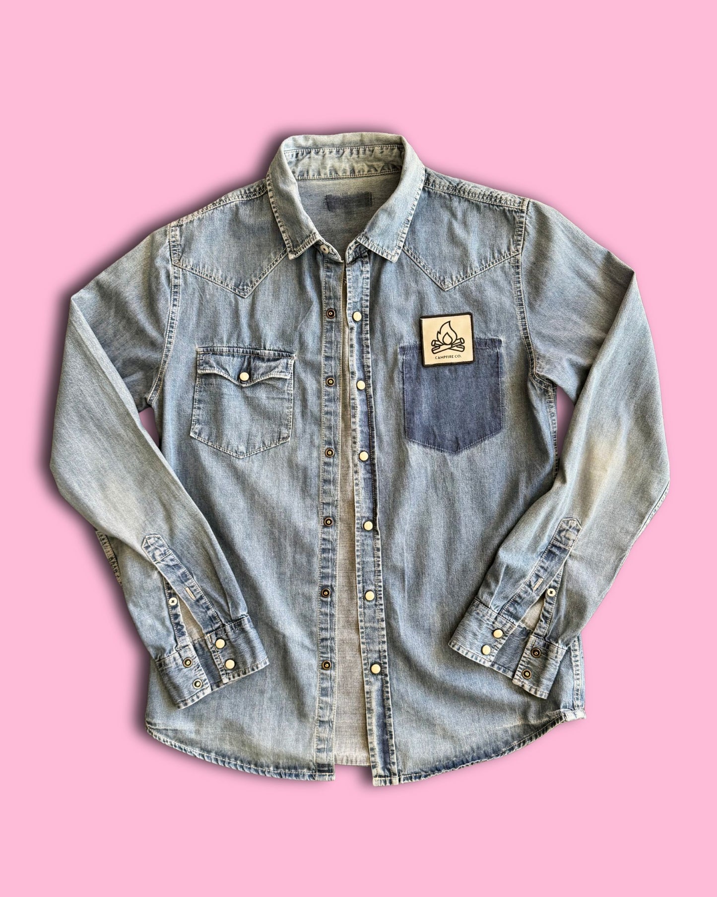 Upcycled "Après Rodeo" Pearl Snap Denim Shirt - Women’s S/M