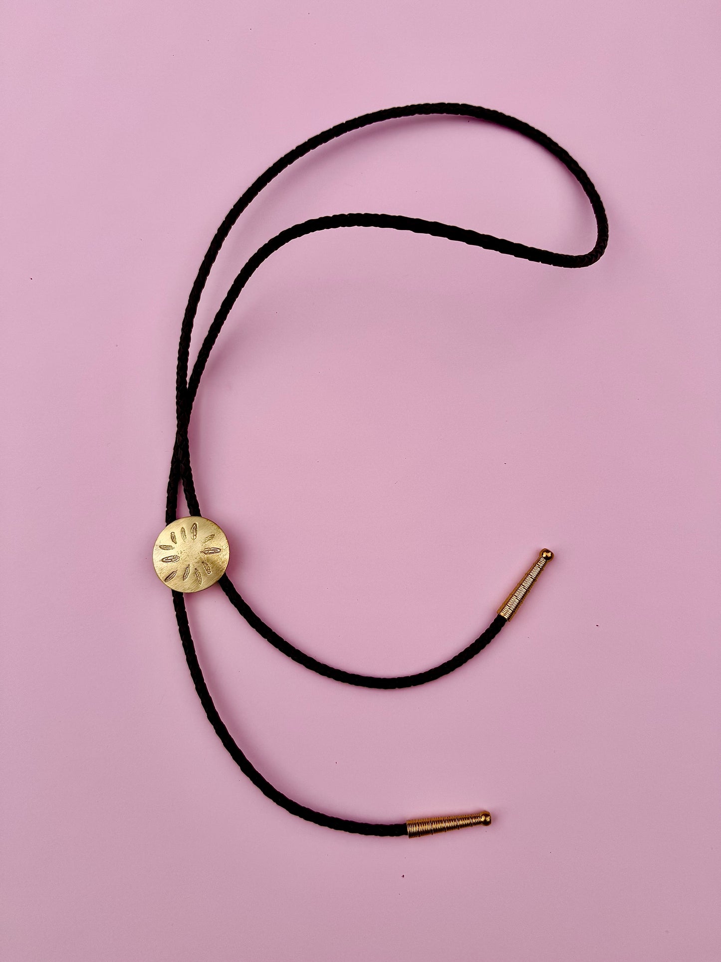 Brass Bolo Tie - Black Leather Cord – Feather Design