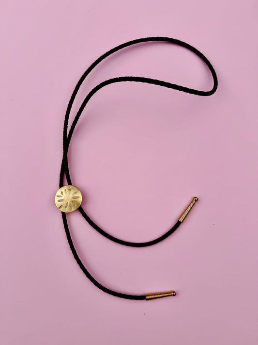 Brass Bolo Tie - Black Leather Cord – Feather Design