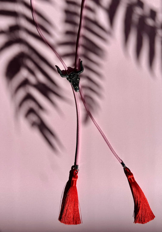Bolo Tie with Bright Cord - Cow Skull & Red Silk Tassels