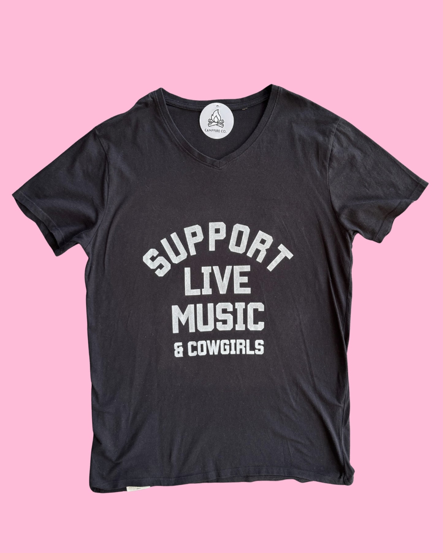 Support Live Music & Cowgirls - Vintage Tee - Black V-Neck M