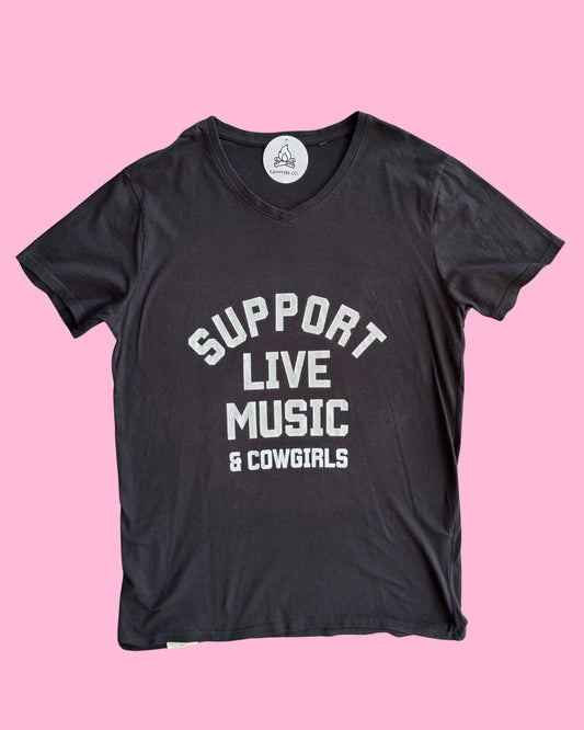 Support Live Music & Cowgirls - Vintage Tee - Black V-Neck M