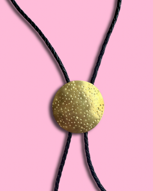 Large Brass Stamped Star Bolo Tie - Black leather cord